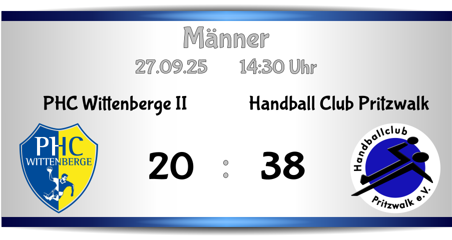 PHC Wittenberge II 20 Pritzwalk e.V. Handballclub Handball Club Pritzwalk 38 Männer 27.09.25        14:30 Uhr    :