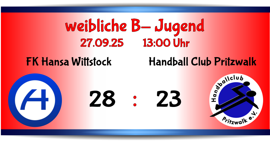 Pritzwalk e.V. Handballclub Handball Club Pritzwalk 23 FK Hansa Wittstock 28 weibliche B- Jugend 27.09.25        13:00 Uhr    :