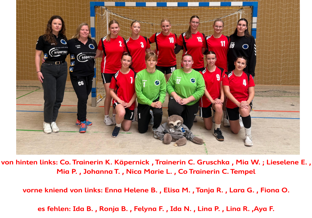 von hinten links: Co. Trainerin K. Käpernick , Trainerin C. Gruschka , Mia W. ; Lieselene E. , Mia P. , Johanna T. , Nica Marie L. , Co Trainerin C. Tempel  vorne kniend von links: Enna Helene B. , Elisa M. , Tanja R. , Lara G. , Fiona O.  es fehlen: Ida B. , Ronja B. , Felyna F. , Ida N. , Lina P. , Lina R. ,Aya F.